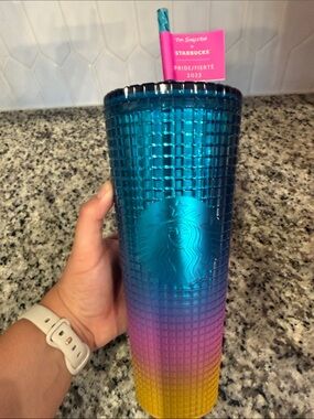 Starbucks Teal Pink Yellow Studded Ombre Tumbler with Straw
